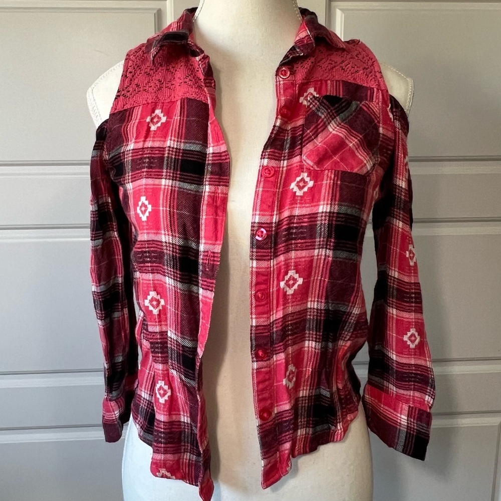 Justice Red Cold Shoulder Long Sleeve Plaid Lace Trim‎ Cowgirl Shirt Girl's 10